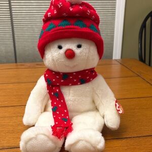 Ty Snowman Plush with Red and Green Accents